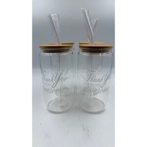 Set of 4 Can Glass with Bamboo Lid and Bend Straw, Iced Coffee Glass Cup w Lid